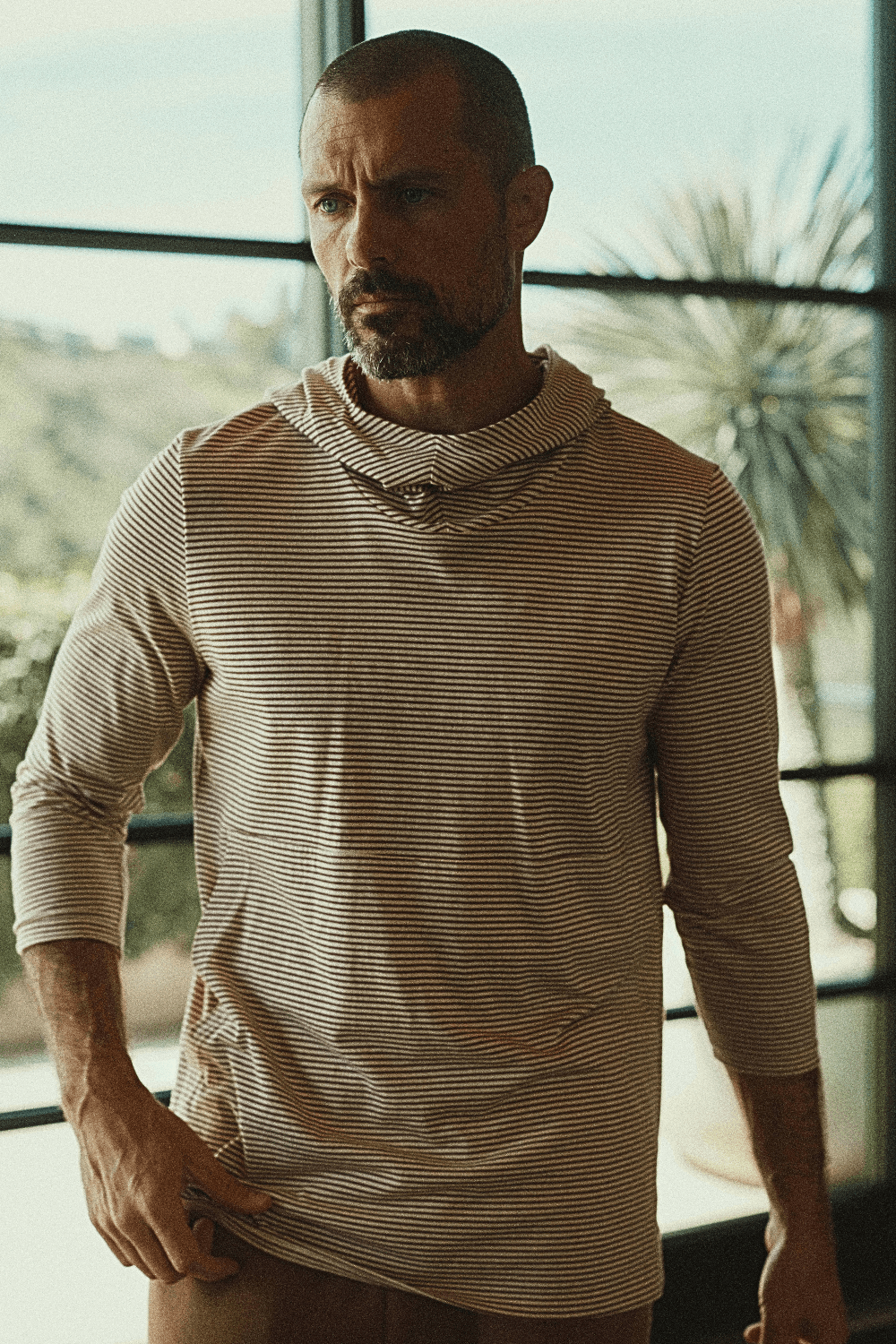 Men's Cotton 3/4 Sleeve Cowl Neck Visor Hoodie