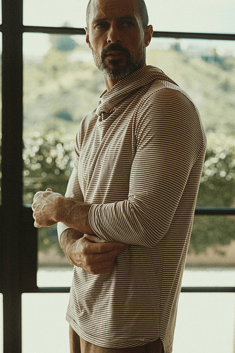 Men's Cotton 3/4 Sleeve Cowl Neck Visor Hoodie