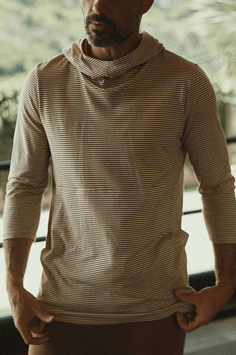 Men's Cotton 3/4 Sleeve Cowl Neck Visor Hoodie
