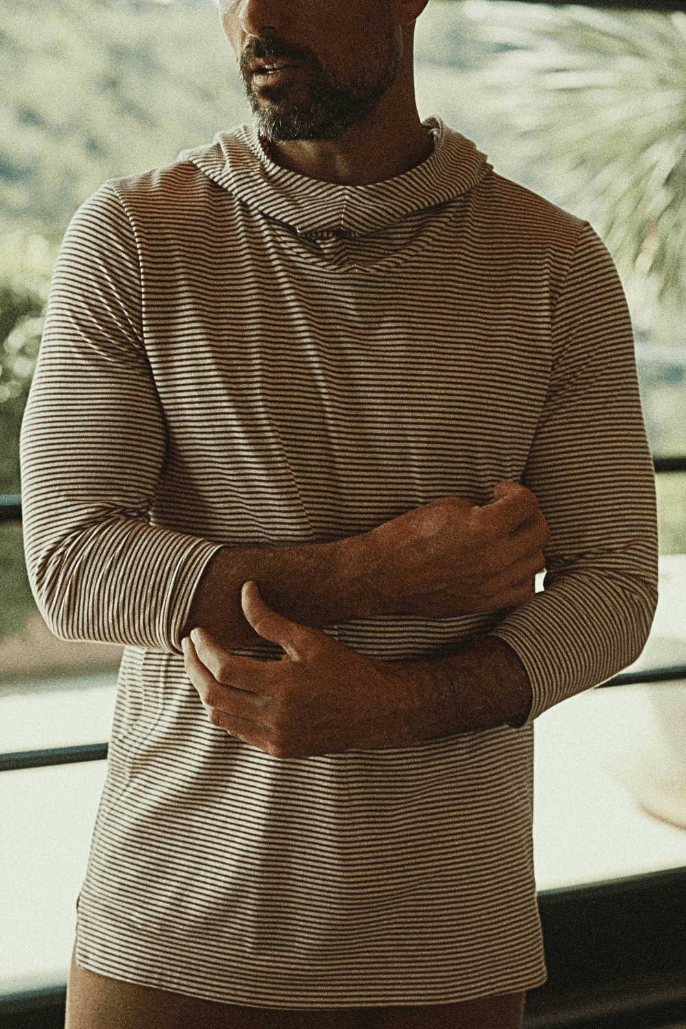 Men's Cotton 3/4 Sleeve Cowl Neck Visor Hoodie