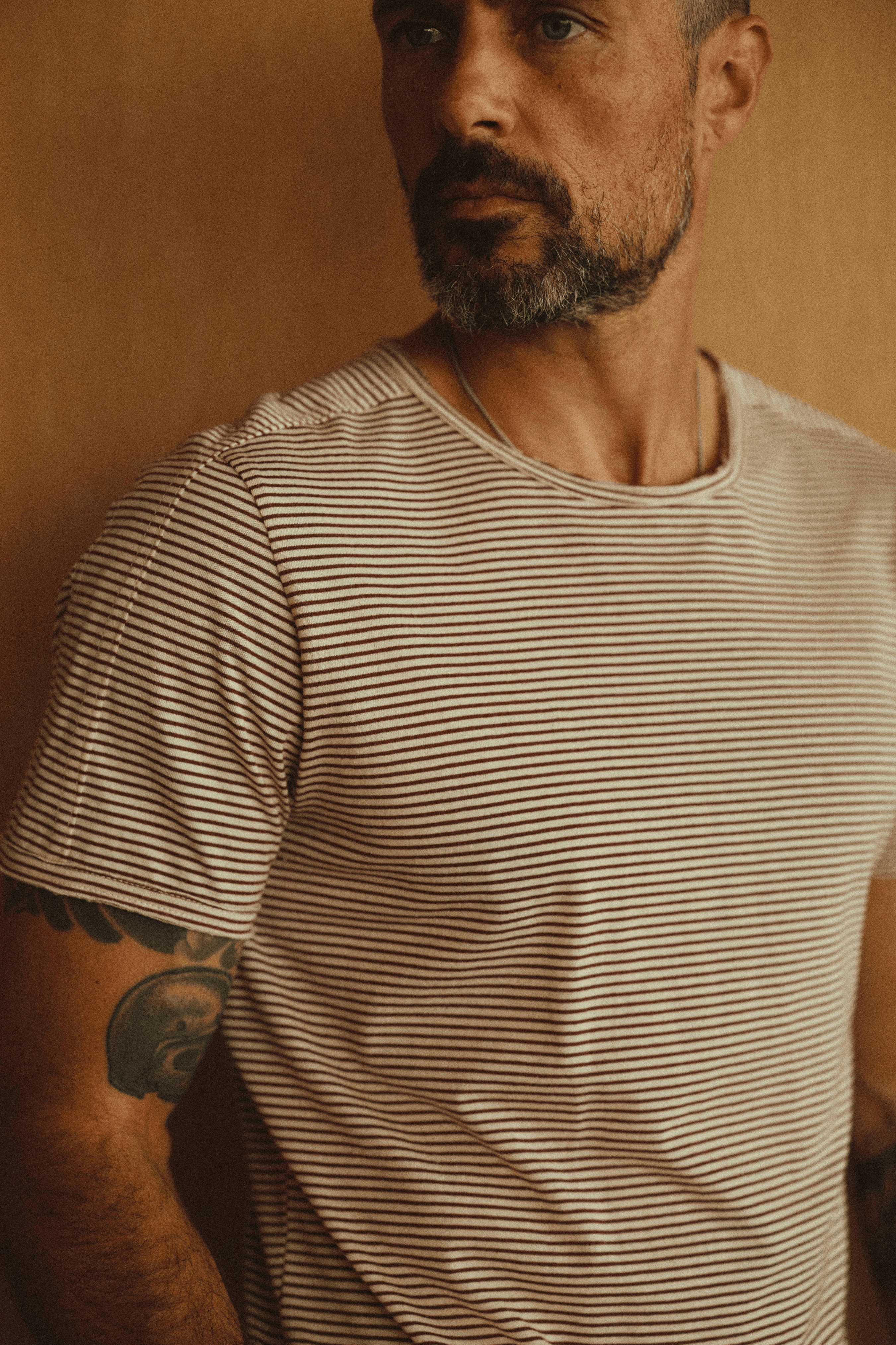 Men's Cotton Raw Edge Patch Sleeve Stripe Tee
