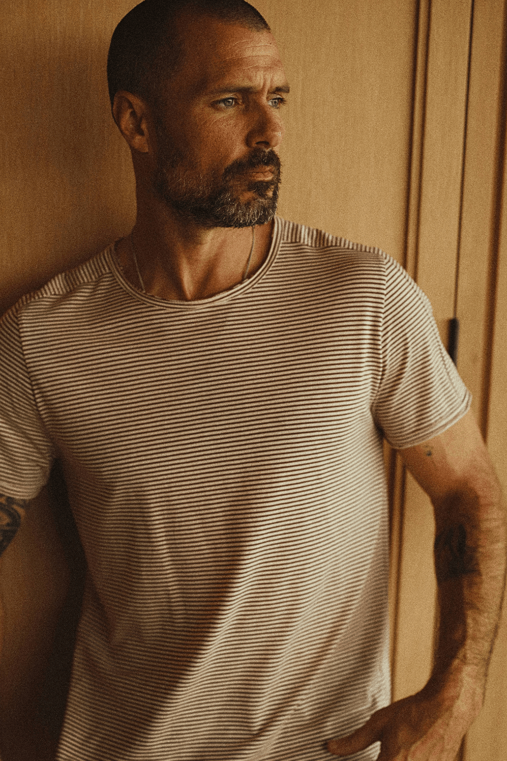 Men's Cotton Raw Edge Patch Sleeve Stripe Tee