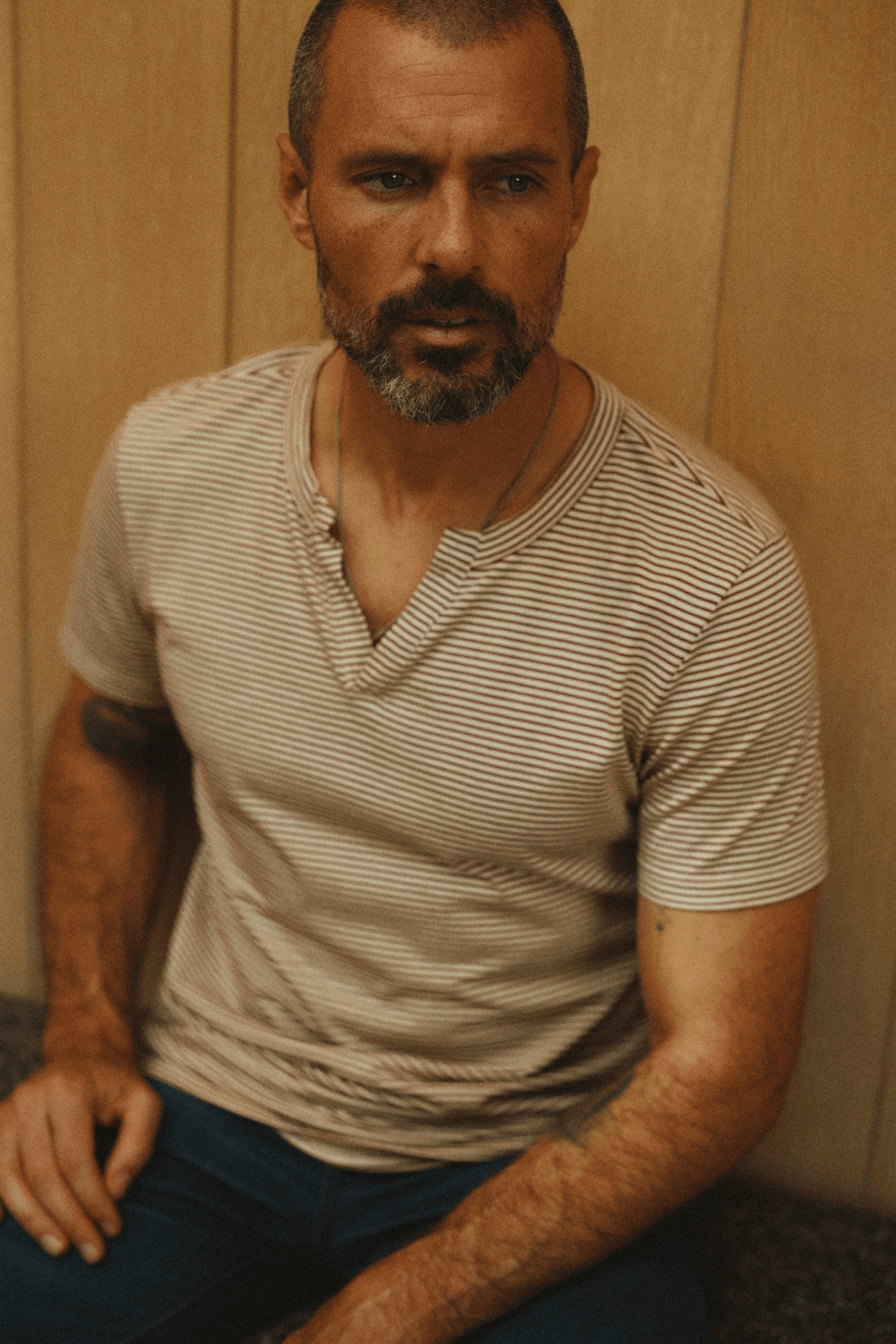 Men's Cotton Cross V-Neck Stripe Tee