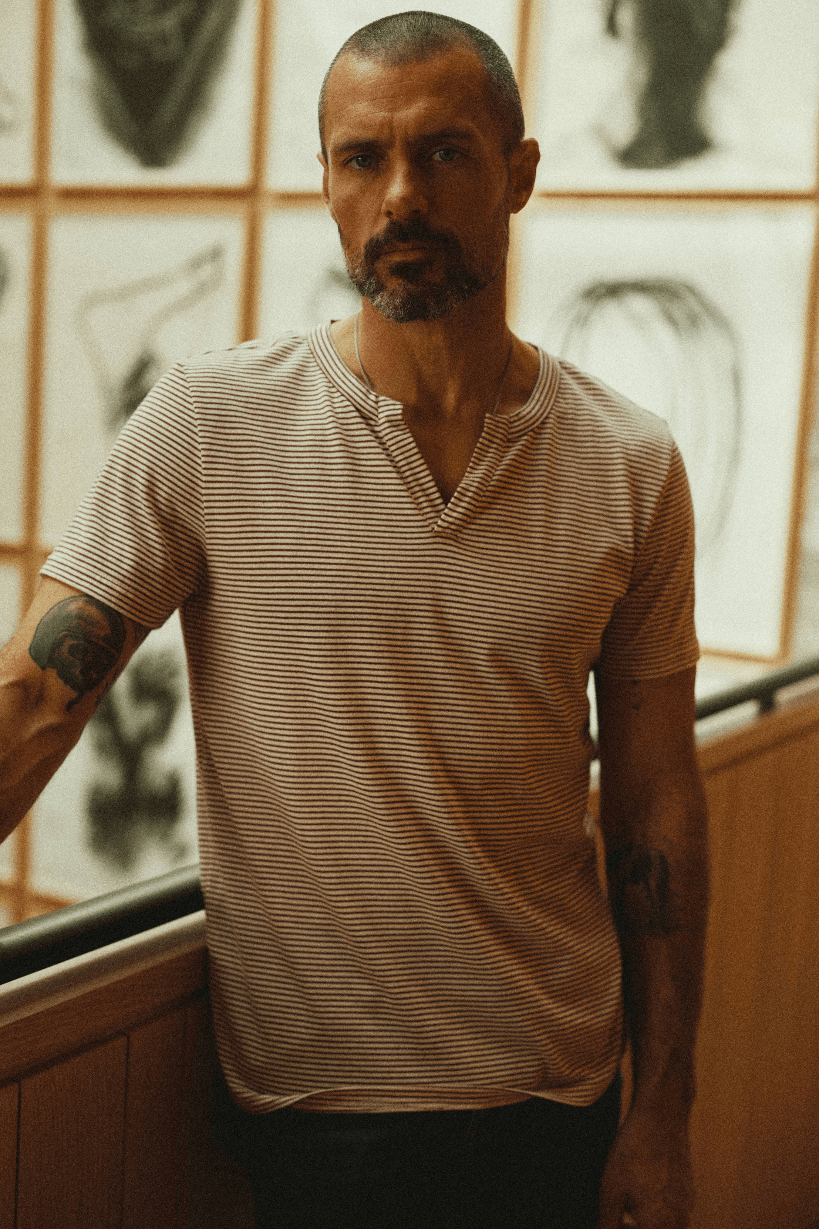 Men's Cotton Cross V-Neck Stripe Tee